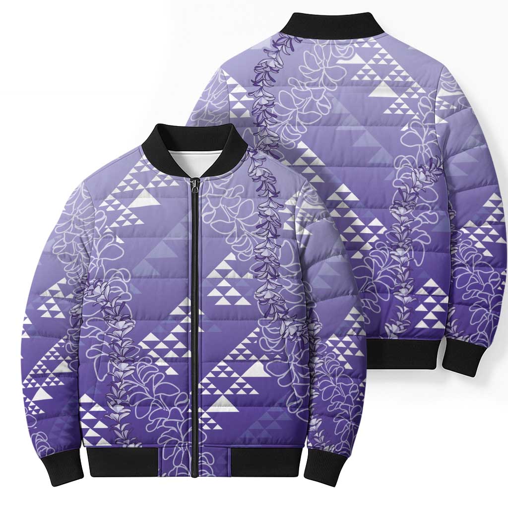 Hawaii Lavender Kapa Bomber Puffer Jacket Vintage 'Ohe Kāpala Motifs Mix Plumeria Leis LT7 - Polynesian Pride