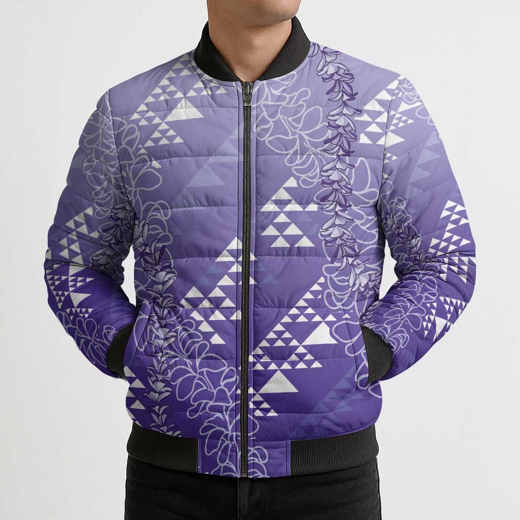 Hawaii Lavender Kapa Bomber Puffer Jacket Vintage 'Ohe Kāpala Motifs Mix Plumeria Leis LT7 - Polynesian Pride