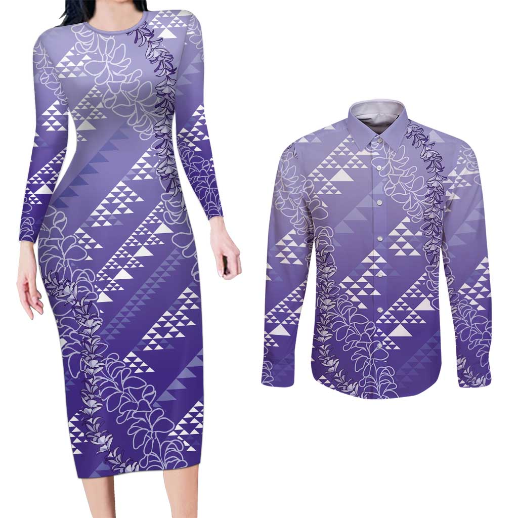 Hawaii Lavender Kapa Couples Matching Long Sleeve Bodycon Dress and Long Sleeve Button Shirt Vintage 'Ohe Kāpala Motifs Mix Plumeria Leis LT7 Lavender - Polynesian Pride