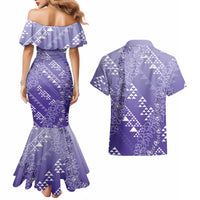 Hawaii Lavender Kapa Couples Matching Mermaid Dress and Hawaiian Shirt Vintage 'Ohe Kāpala Motifs Mix Plumeria Leis
