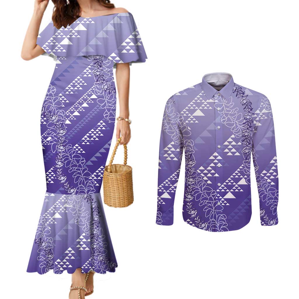 Hawaii Lavender Kapa Couples Matching Mermaid Dress and Long Sleeve Button Shirt Vintage 'Ohe Kāpala Motifs Mix Plumeria Leis
