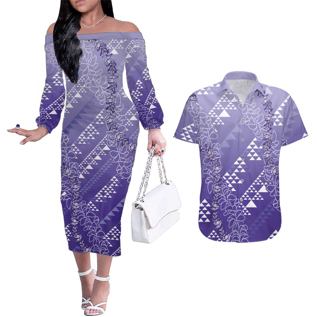 Hawaii Lavender Kapa Couples Matching Off The Shoulder Long Sleeve Dress and Hawaiian Shirt Vintage 'Ohe Kāpala Motifs Mix Plumeria Leis