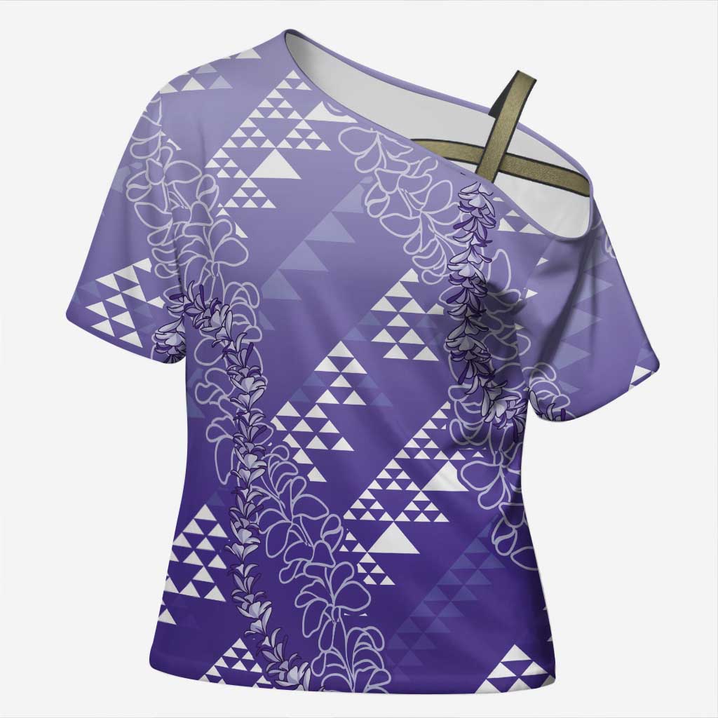 Hawaii Lavender Kapa Cross Shoulder Shirt Vintage 'Ohe Kāpala Motifs Mix Plumeria Leis LT7 Female Lavender - Polynesian Pride