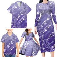 Hawaii Lavender Kapa Family Matching Long Sleeve Bodycon Dress and Hawaiian Shirt Vintage 'Ohe Kāpala Motifs Mix Plumeria Leis