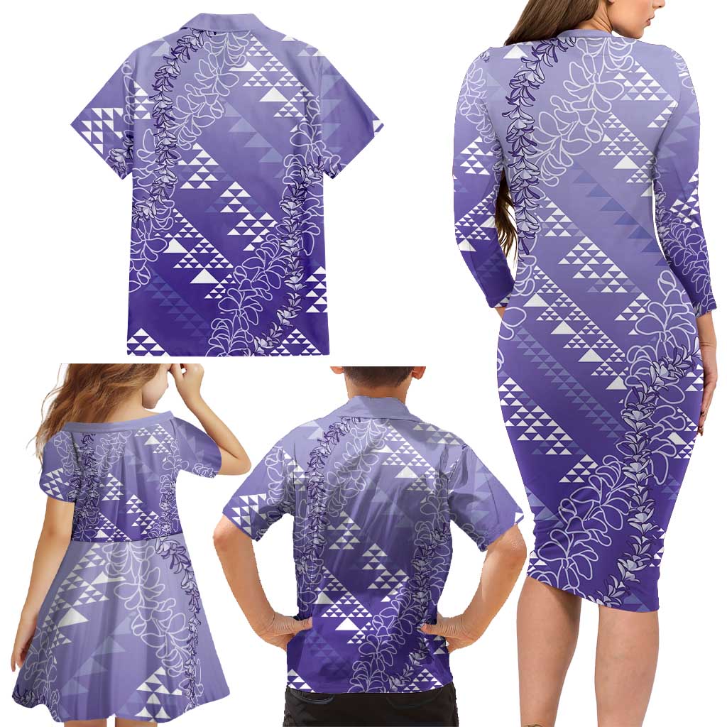 Hawaii Lavender Kapa Family Matching Long Sleeve Bodycon Dress and Hawaiian Shirt Vintage 'Ohe Kāpala Motifs Mix Plumeria Leis