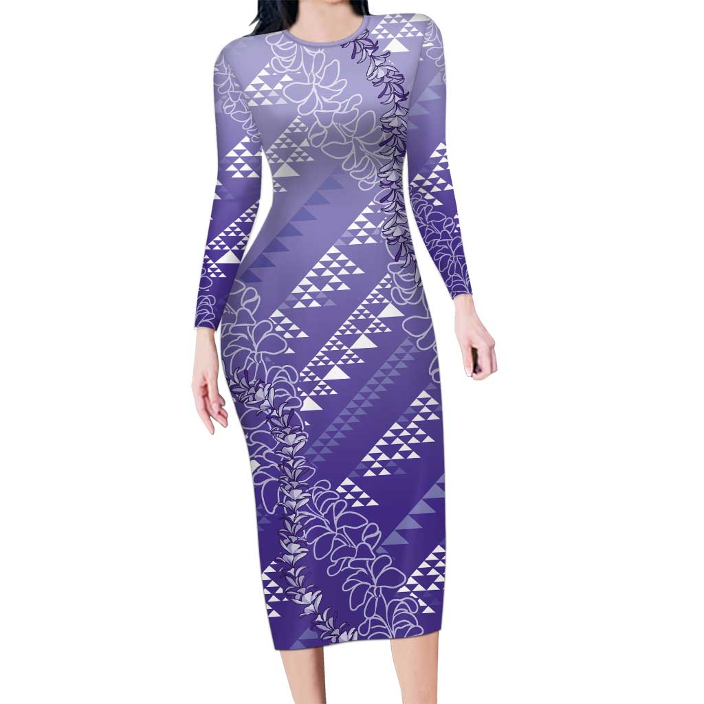 Hawaii Lavender Kapa Family Matching Long Sleeve Bodycon Dress and Hawaiian Shirt Vintage 'Ohe Kāpala Motifs Mix Plumeria Leis