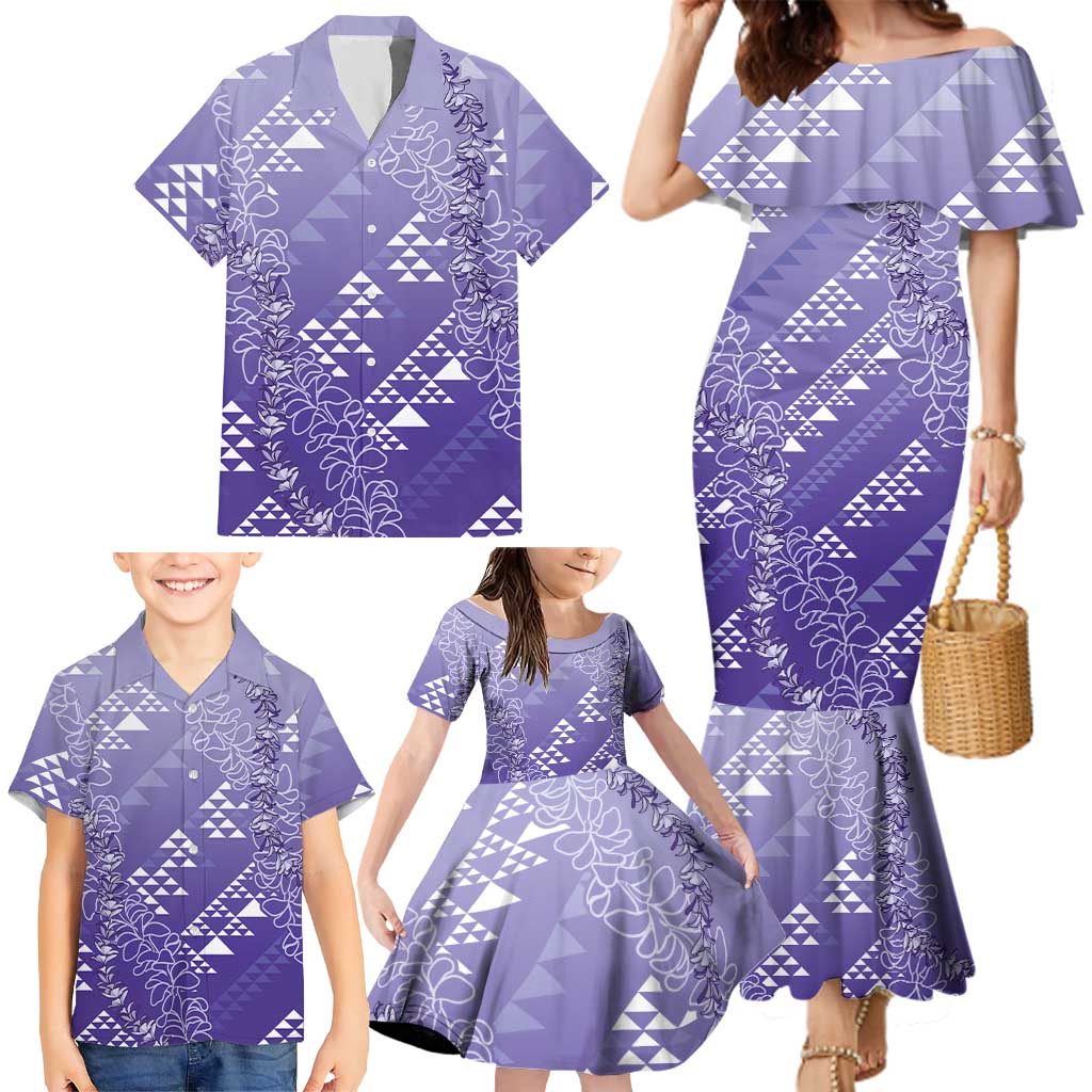 Hawaii Lavender Kapa Family Matching Mermaid Dress and Hawaiian Shirt Vintage 'Ohe Kāpala Motifs Mix Plumeria Leis LT7 - Polynesian Pride