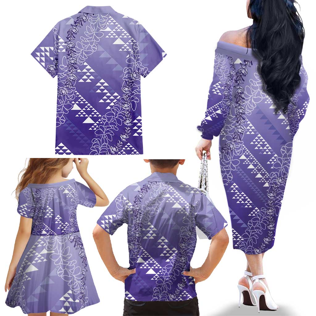 Hawaii Lavender Kapa Family Matching Off The Shoulder Long Sleeve Dress and Hawaiian Shirt Vintage 'Ohe Kāpala Motifs Mix Plumeria Leis