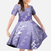 Hawaii Lavender Kapa Family Matching Off Shoulder Maxi Dress and Hawaiian Shirt Vintage 'Ohe Kāpala Motifs Mix Plumeria Leis