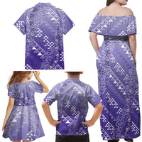 Hawaii Lavender Kapa Family Matching Off Shoulder Maxi Dress and Hawaiian Shirt Vintage 'Ohe Kāpala Motifs Mix Plumeria Leis