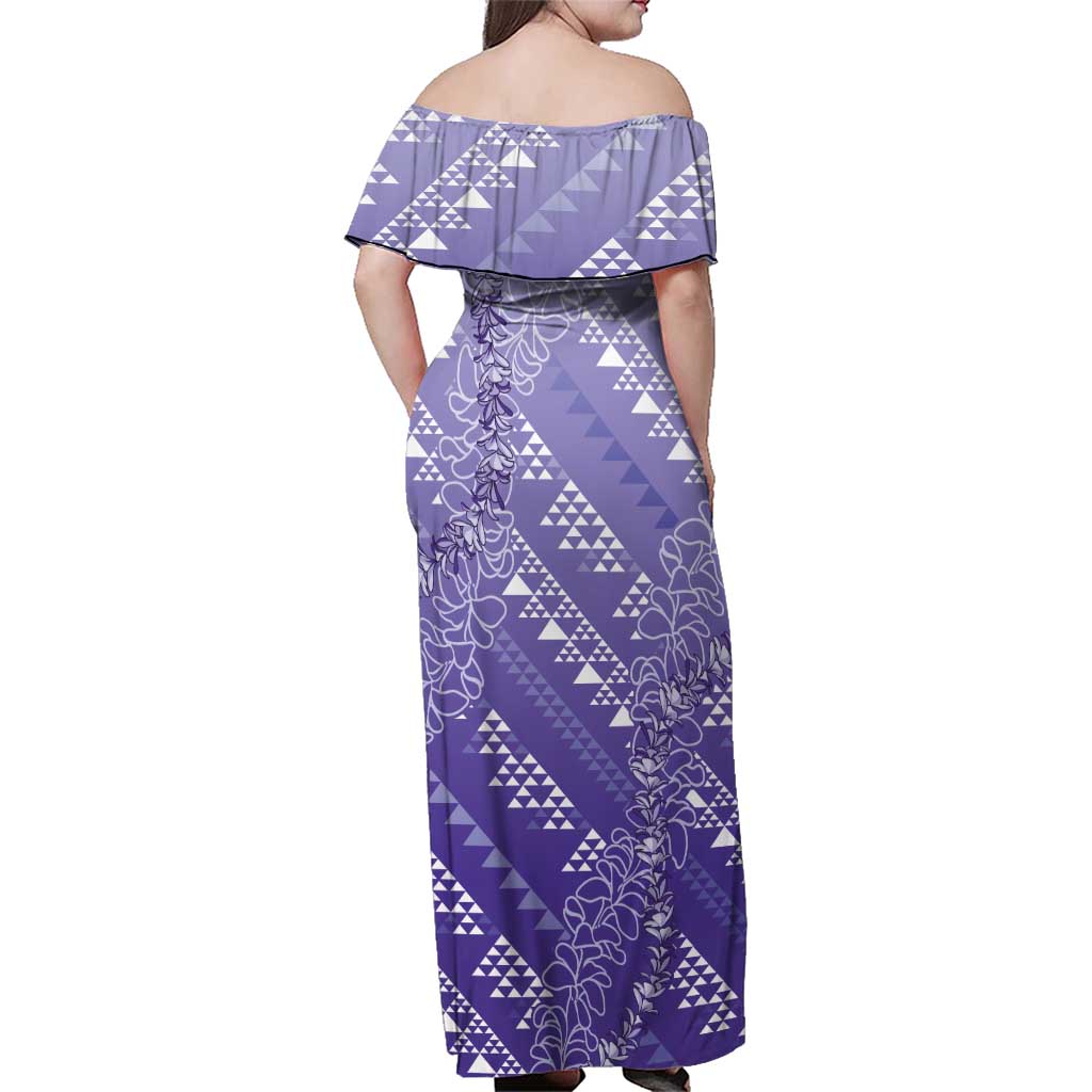 Hawaii Lavender Kapa Family Matching Off Shoulder Maxi Dress and Hawaiian Shirt Vintage 'Ohe Kāpala Motifs Mix Plumeria Leis