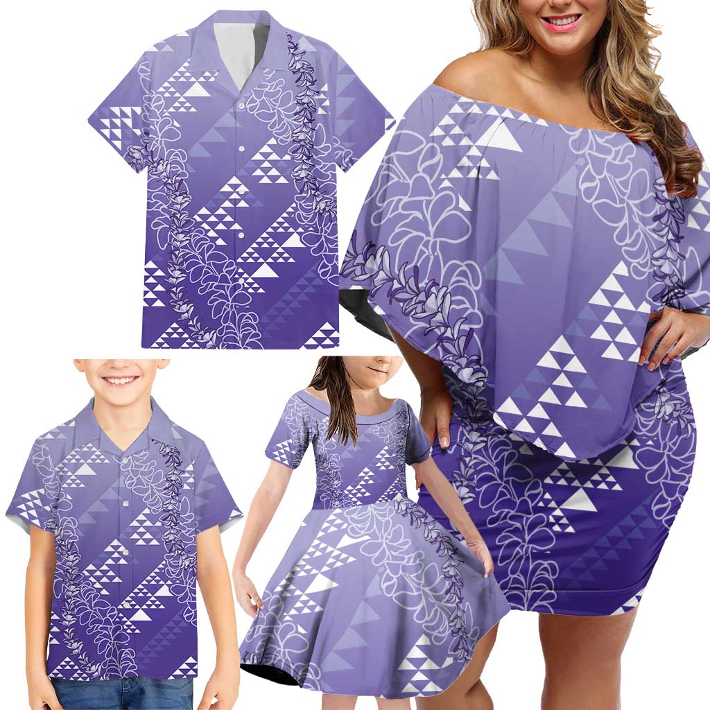 Hawaii Lavender Kapa Family Matching Off Shoulder Short Dress and Hawaiian Shirt Vintage 'Ohe Kāpala Motifs Mix Plumeria Leis