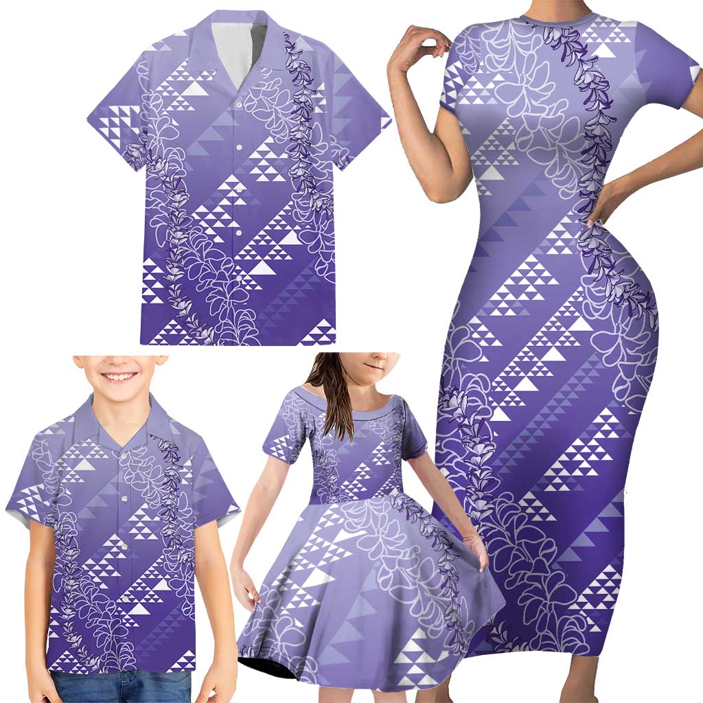 Hawaii Lavender Kapa Family Matching Short Sleeve Bodycon Dress and Hawaiian Shirt Vintage 'Ohe Kāpala Motifs Mix Plumeria Leis