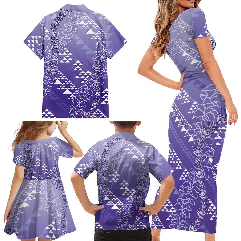 Hawaii Lavender Kapa Family Matching Short Sleeve Bodycon Dress and Hawaiian Shirt Vintage 'Ohe Kāpala Motifs Mix Plumeria Leis