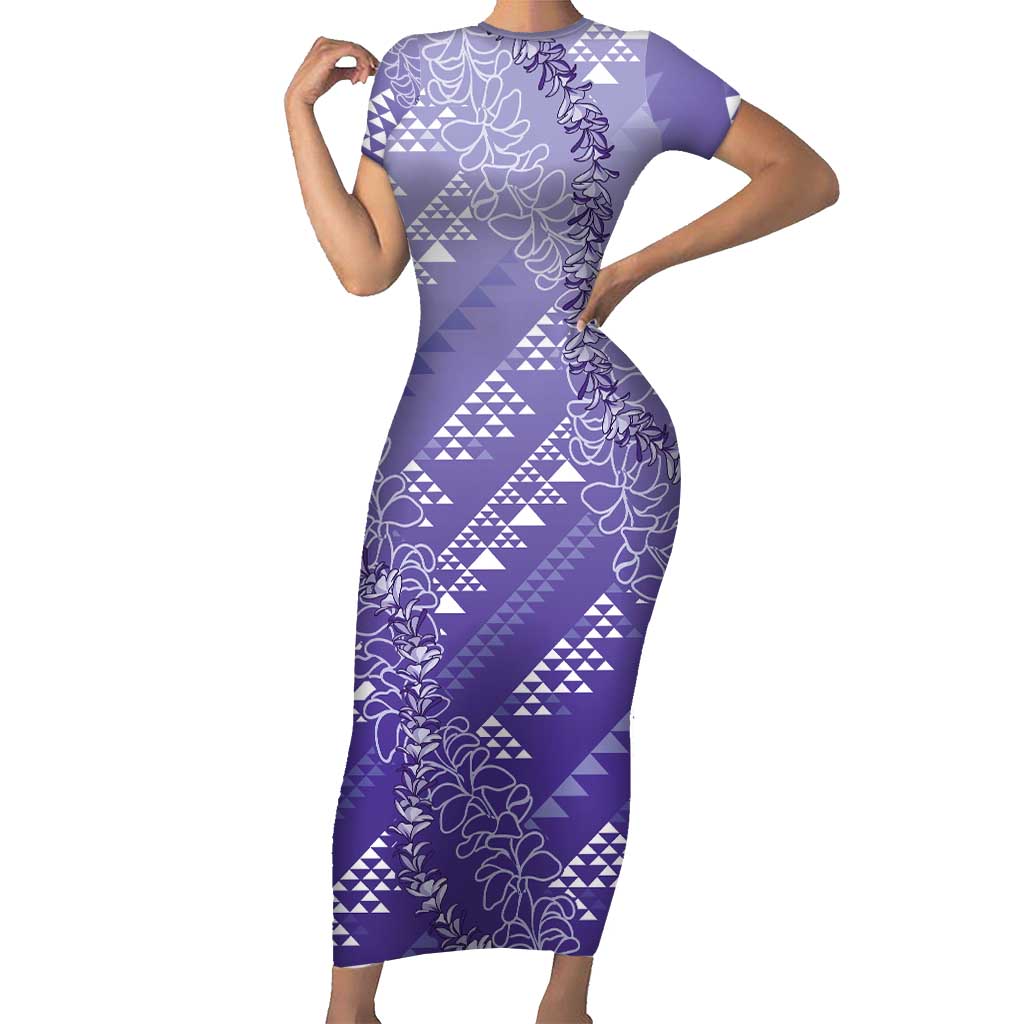 Hawaii Lavender Kapa Family Matching Short Sleeve Bodycon Dress and Hawaiian Shirt Vintage 'Ohe Kāpala Motifs Mix Plumeria Leis