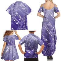 Hawaii Lavender Kapa Family Matching Summer Maxi Dress and Hawaiian Shirt Vintage 'Ohe Kāpala Motifs Mix Plumeria Leis