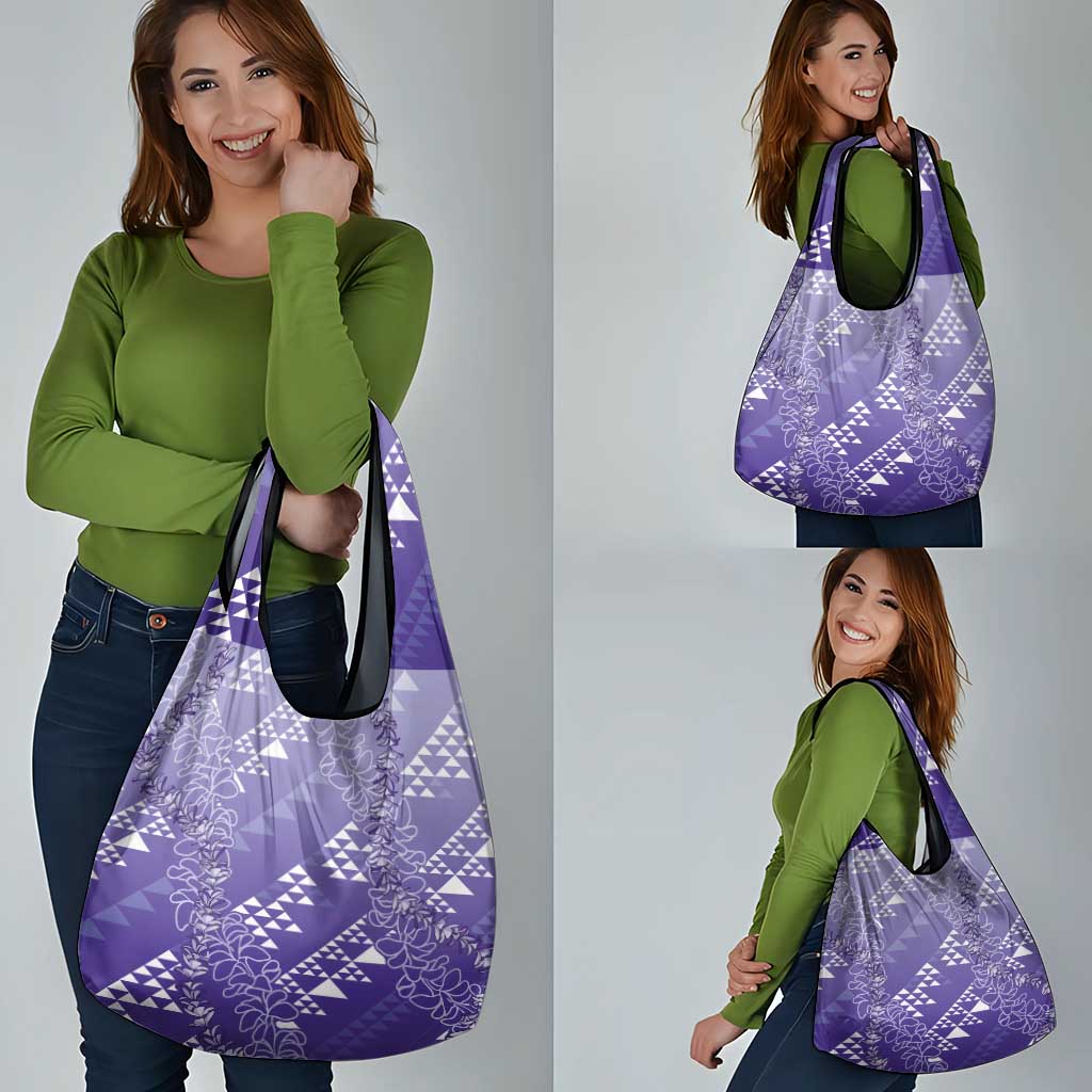 Hawaii Lavender Kapa Grocery Bag Vintage 'Ohe Kāpala Motifs Mix Plumeria Leis