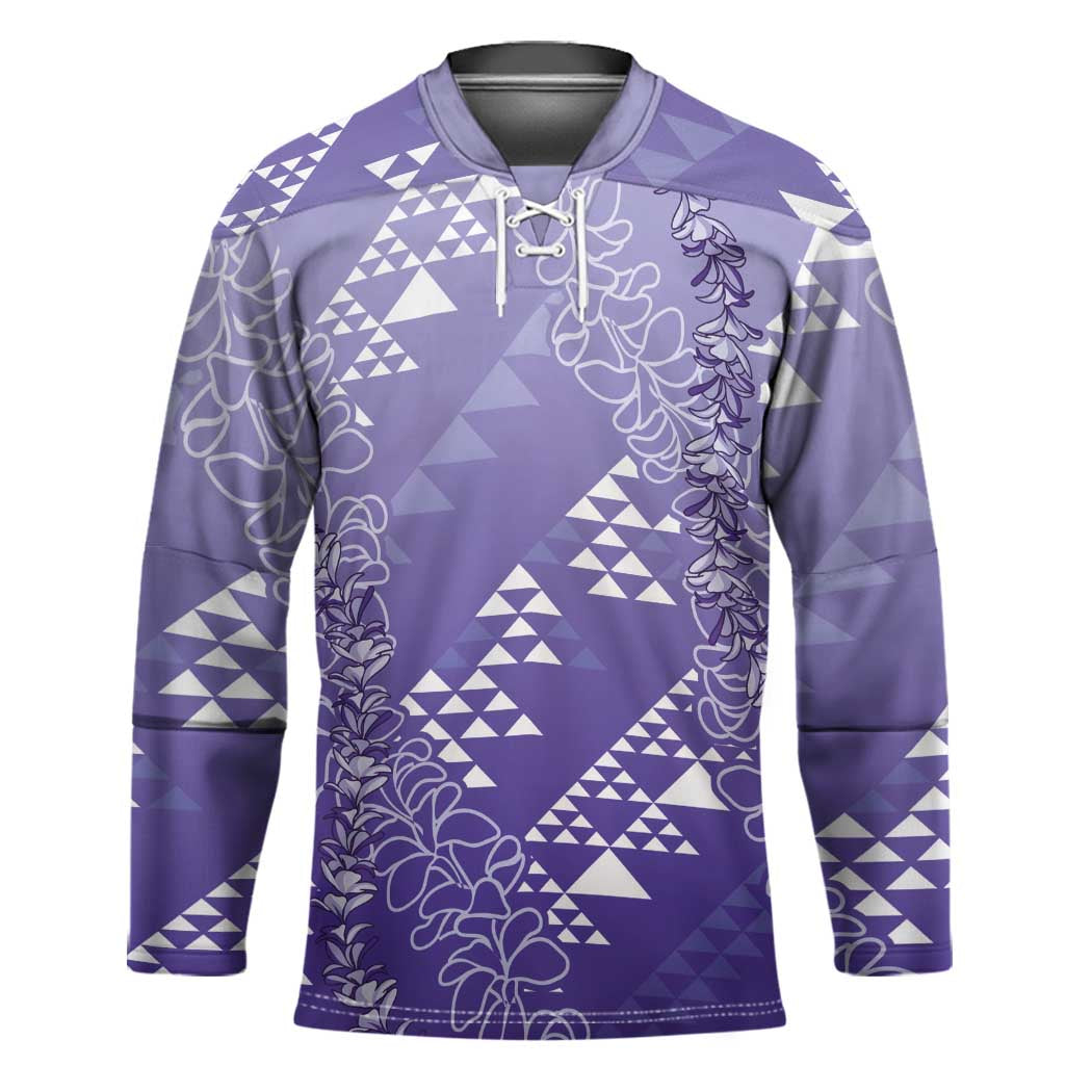 Hawaii Lavender Kapa Hockey Jersey Vintage 'Ohe Kāpala Motifs Mix Plumeria Leis LT7 Unisex Lavender - Polynesian Pride