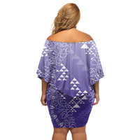 Hawaii Lavender Kapa Off Shoulder Short Dress Vintage 'Ohe Kāpala Motifs Mix Plumeria Leis