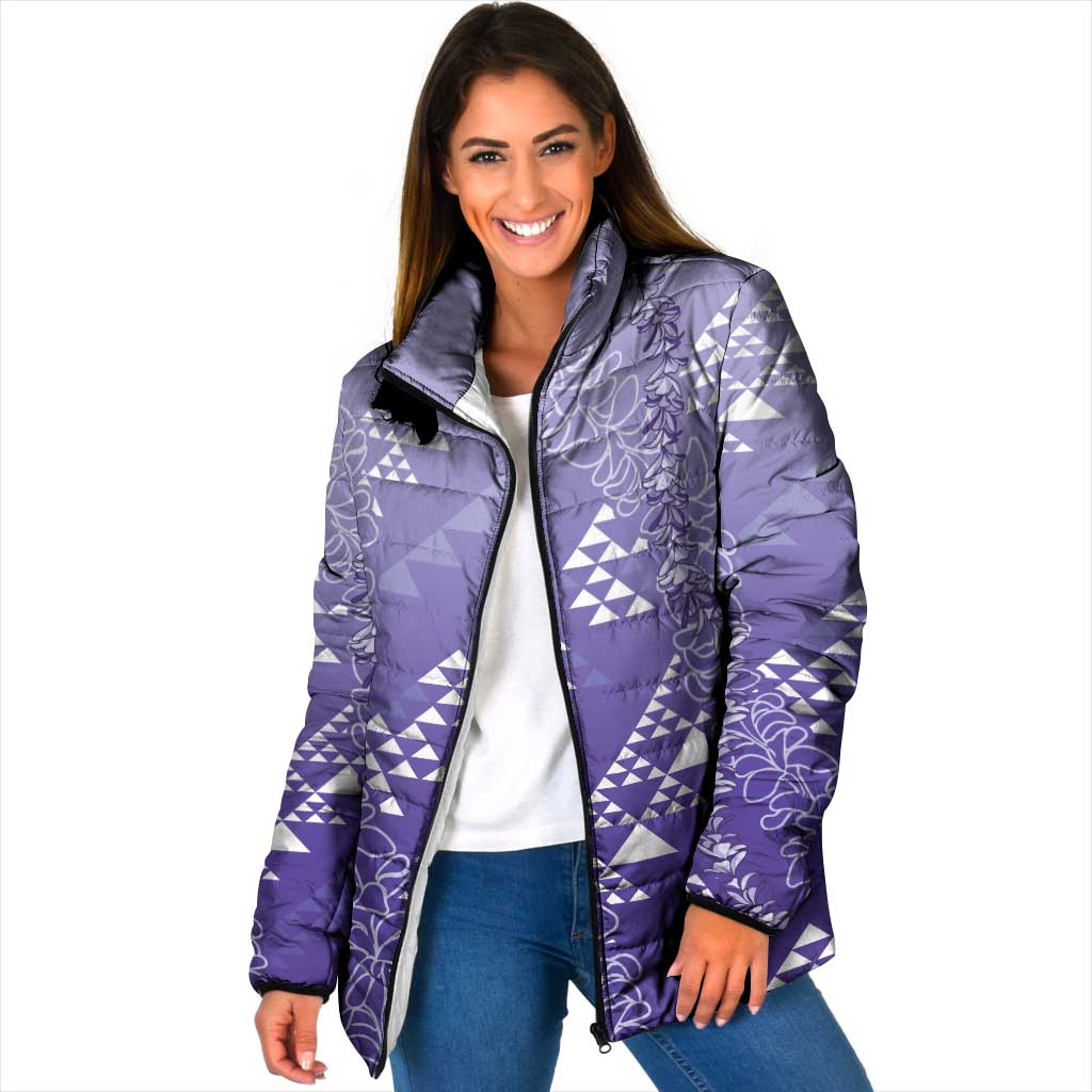Hawaii Lavender Kapa Padded Jacket Vintage 'Ohe Kāpala Motifs Mix Plumeria Leis LT7 Women Lavender - Polynesian Pride
