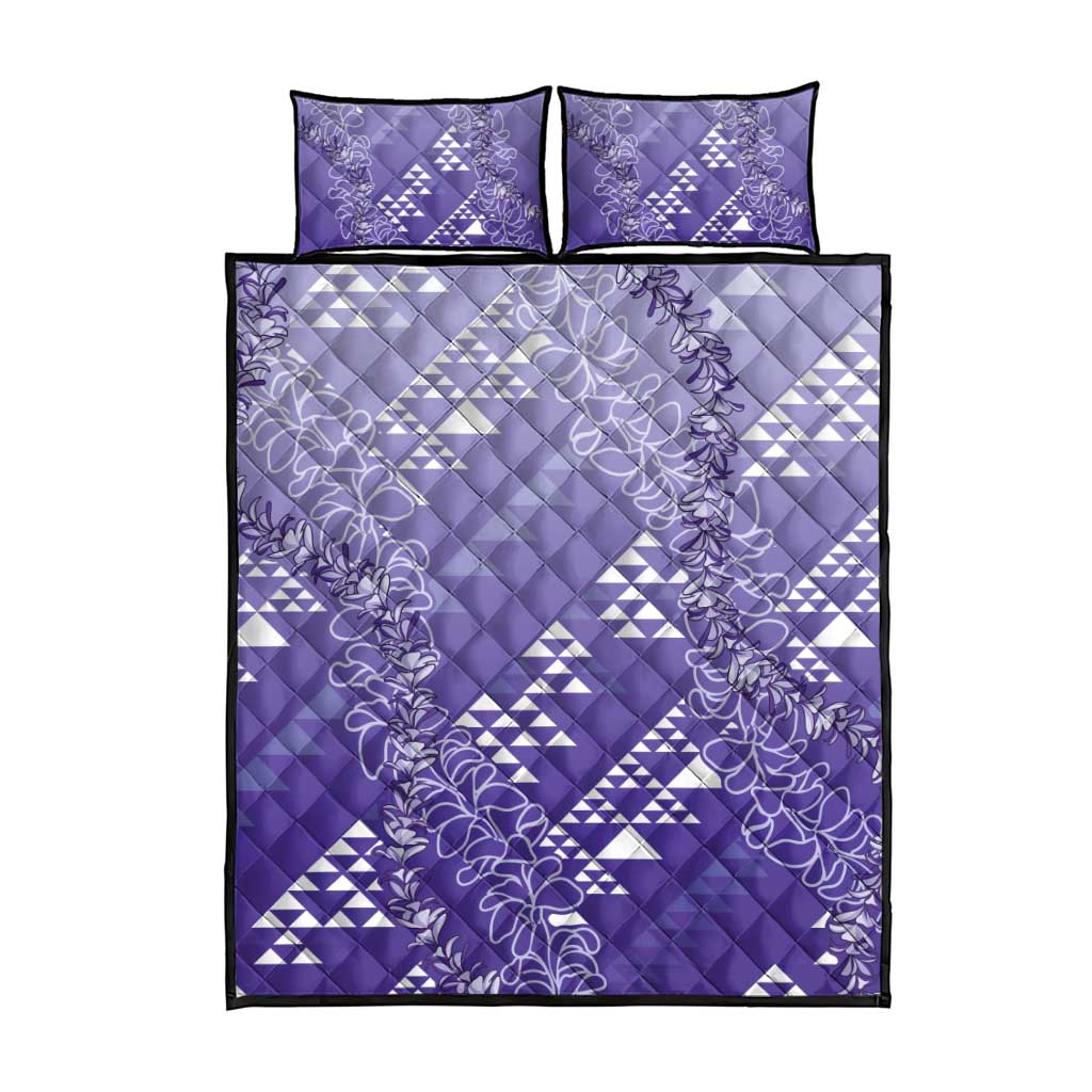 Hawaii Lavender Kapa Quilt Bed Set Vintage 'Ohe Kāpala Motifs Mix Plumeria Leis LT7 - Polynesian Pride