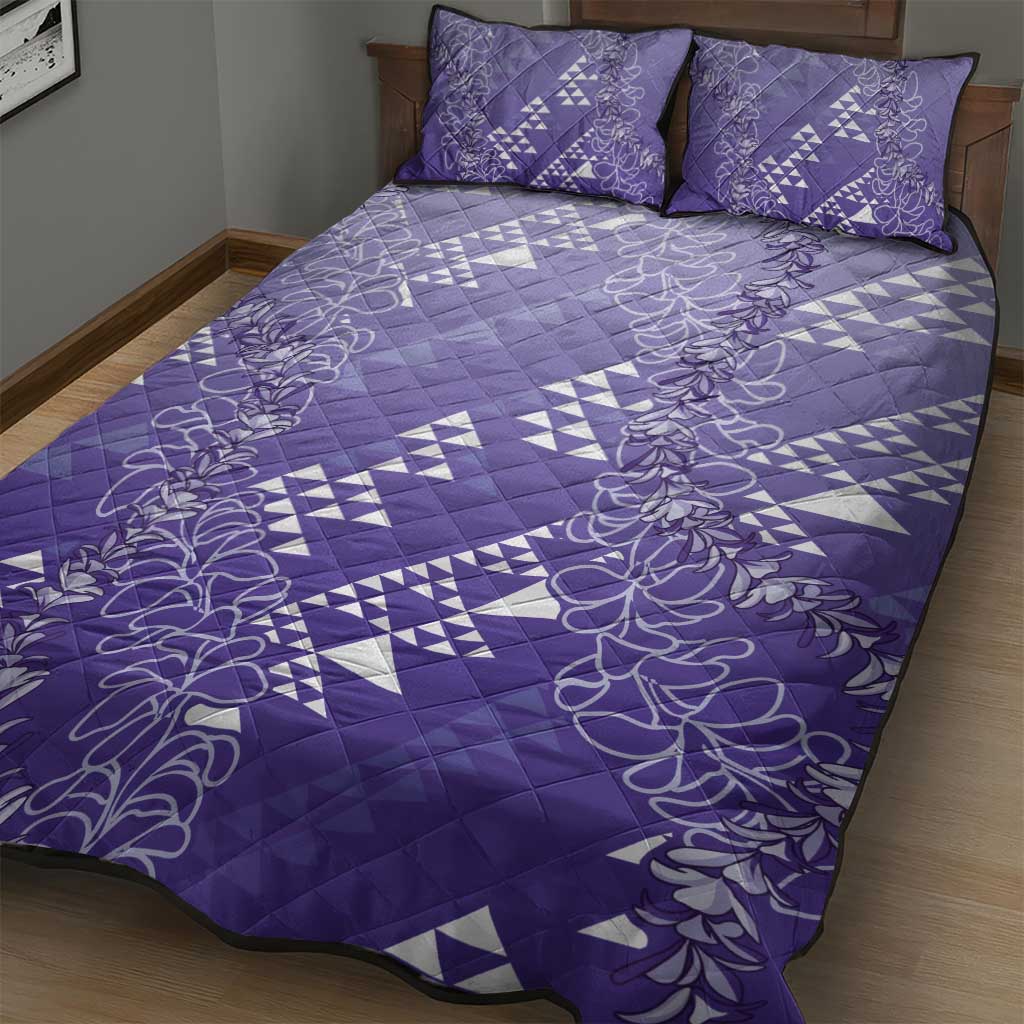 Hawaii Lavender Kapa Quilt Bed Set Vintage 'Ohe Kāpala Motifs Mix Plumeria Leis LT7 - Polynesian Pride