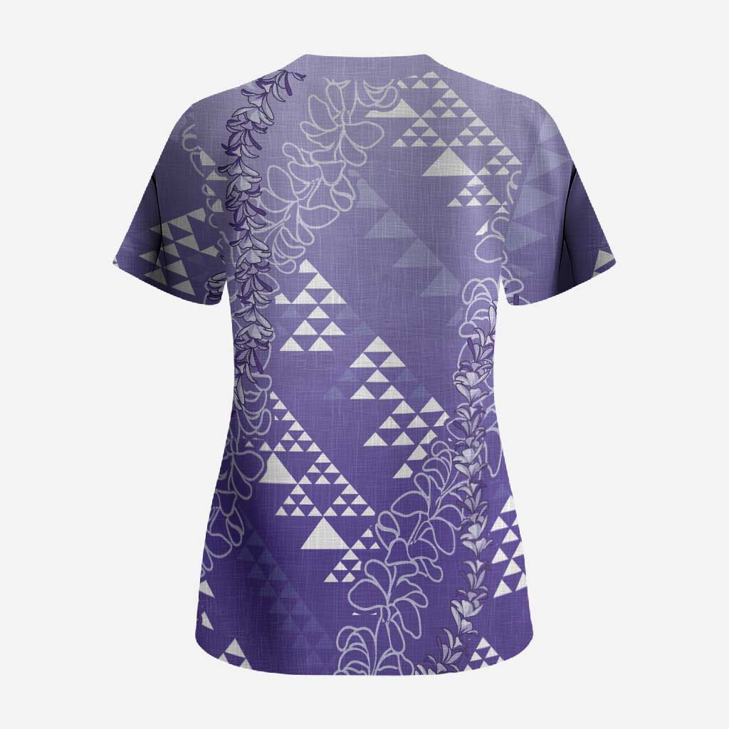 Hawaii Lavender Kapa Scrub Top Vintage 'Ohe Kāpala Motifs Mix Plumeria Leis LT7 - Polynesian Pride