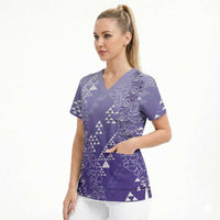 Hawaii Lavender Kapa Scrub Top Vintage 'Ohe Kāpala Motifs Mix Plumeria Leis LT7 - Polynesian Pride