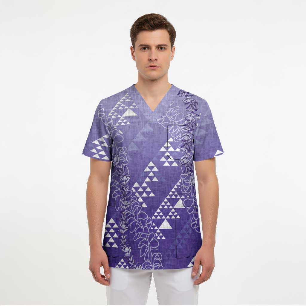 Hawaii Lavender Kapa Scrub Top Vintage 'Ohe Kāpala Motifs Mix Plumeria Leis LT7 - Polynesian Pride