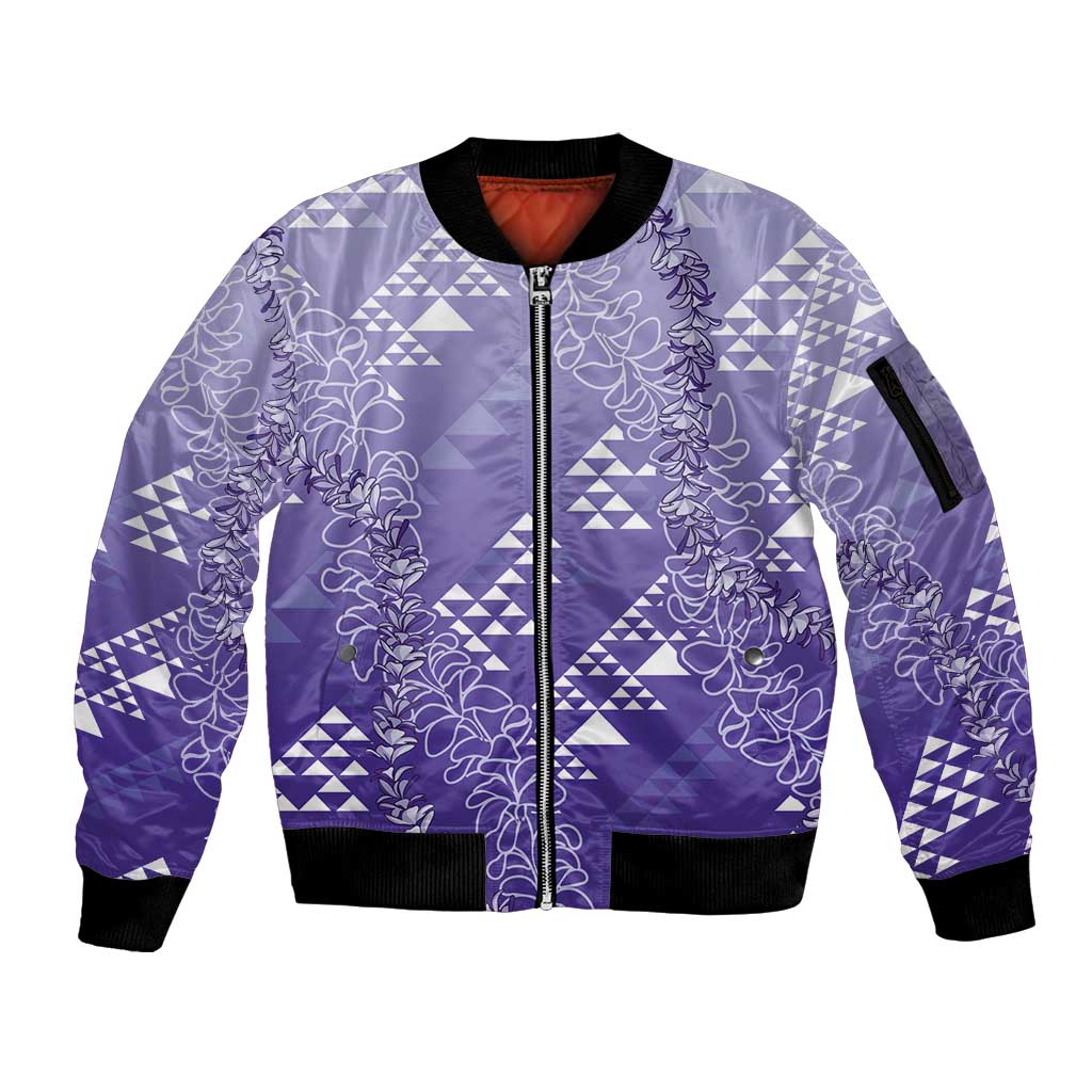 Hawaii Lavender Kapa Sleeve Zip Bomber Jacket Vintage 'Ohe Kāpala Motifs Mix Plumeria Leis LT7 Unisex Lavender - Polynesian Pride