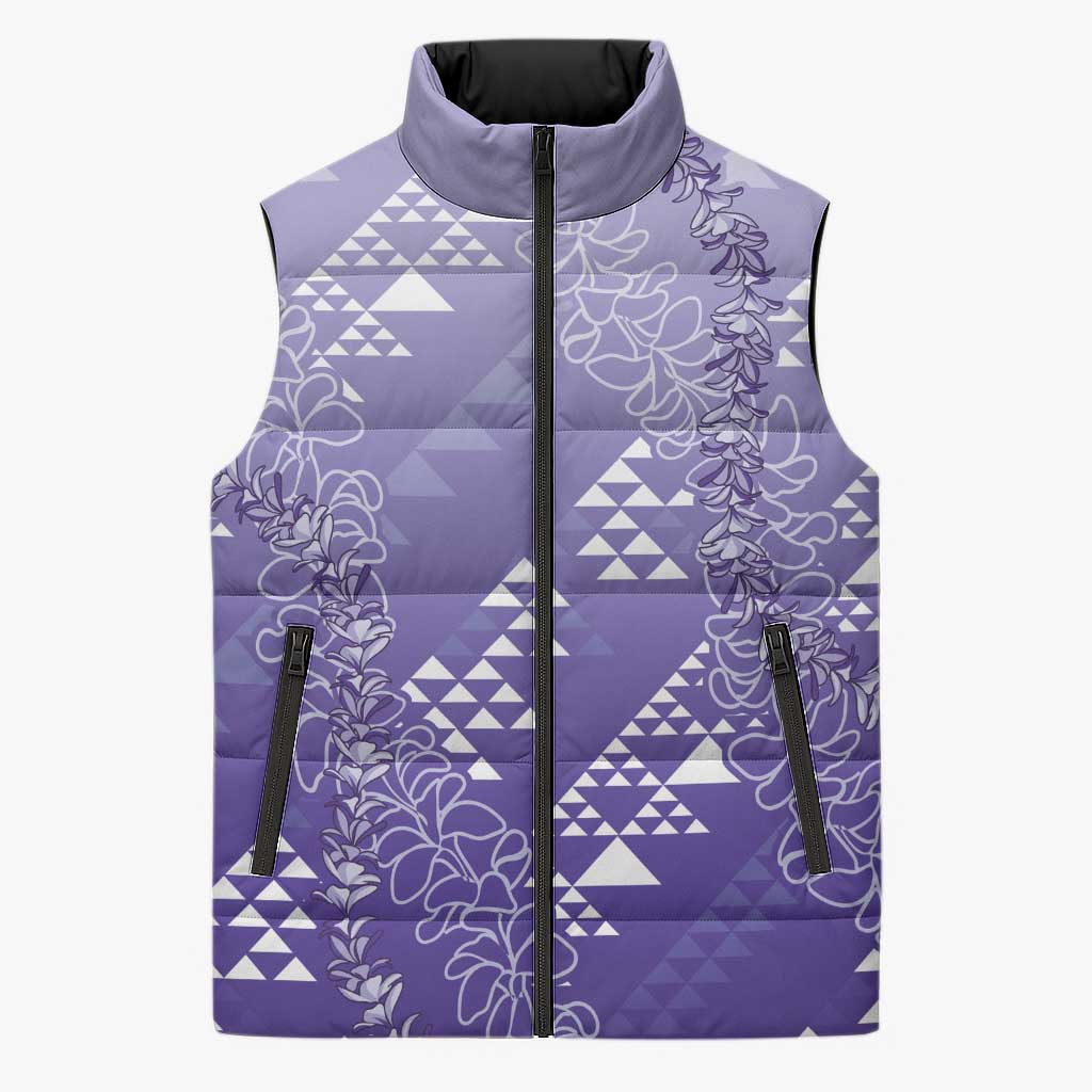 Hawaii Lavender Kapa Sleeveless Puffer Jacket Vintage 'Ohe Kāpala Motifs Mix Plumeria Leis LT7 Unisex Lavender - Polynesian Pride