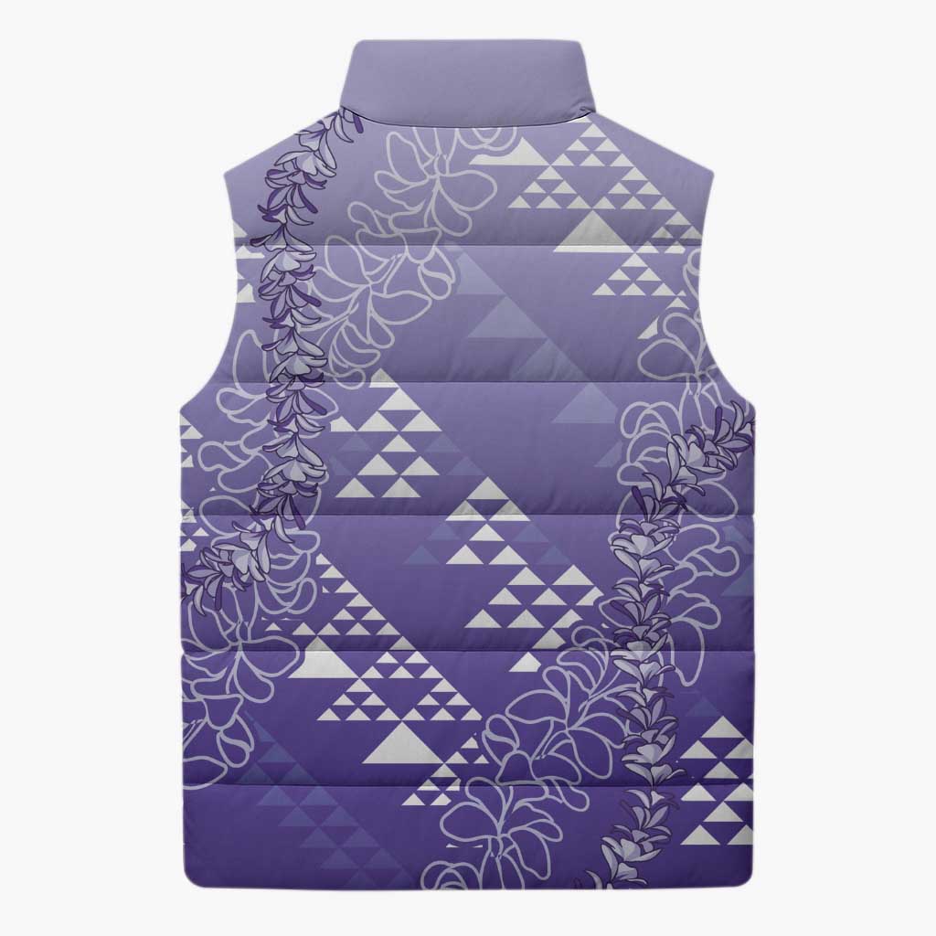 Hawaii Lavender Kapa Sleeveless Puffer Jacket Vintage 'Ohe Kāpala Motifs Mix Plumeria Leis LT7 - Polynesian Pride