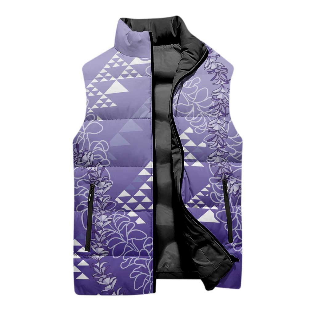 Hawaii Lavender Kapa Sleeveless Puffer Jacket Vintage 'Ohe Kāpala Motifs Mix Plumeria Leis LT7 - Polynesian Pride