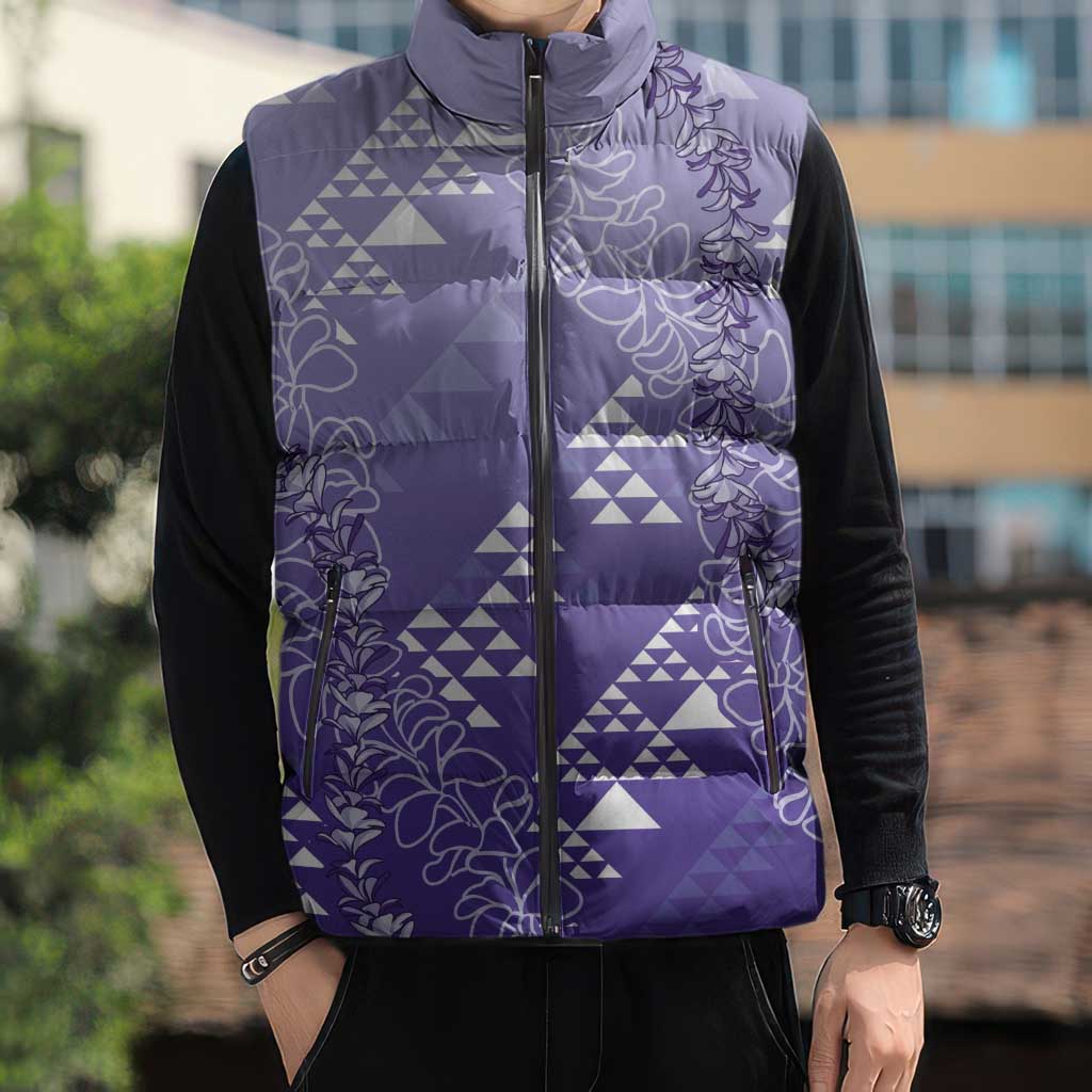 Hawaii Lavender Kapa Sleeveless Puffer Jacket Vintage 'Ohe Kāpala Motifs Mix Plumeria Leis LT7 - Polynesian Pride