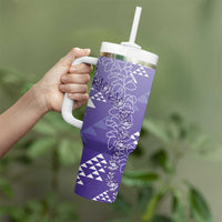 Hawaii Lavender Kapa Tumbler With Handle Vintage 'Ohe Kāpala Motifs Mix Plumeria Leis LT7 - Polynesian Pride