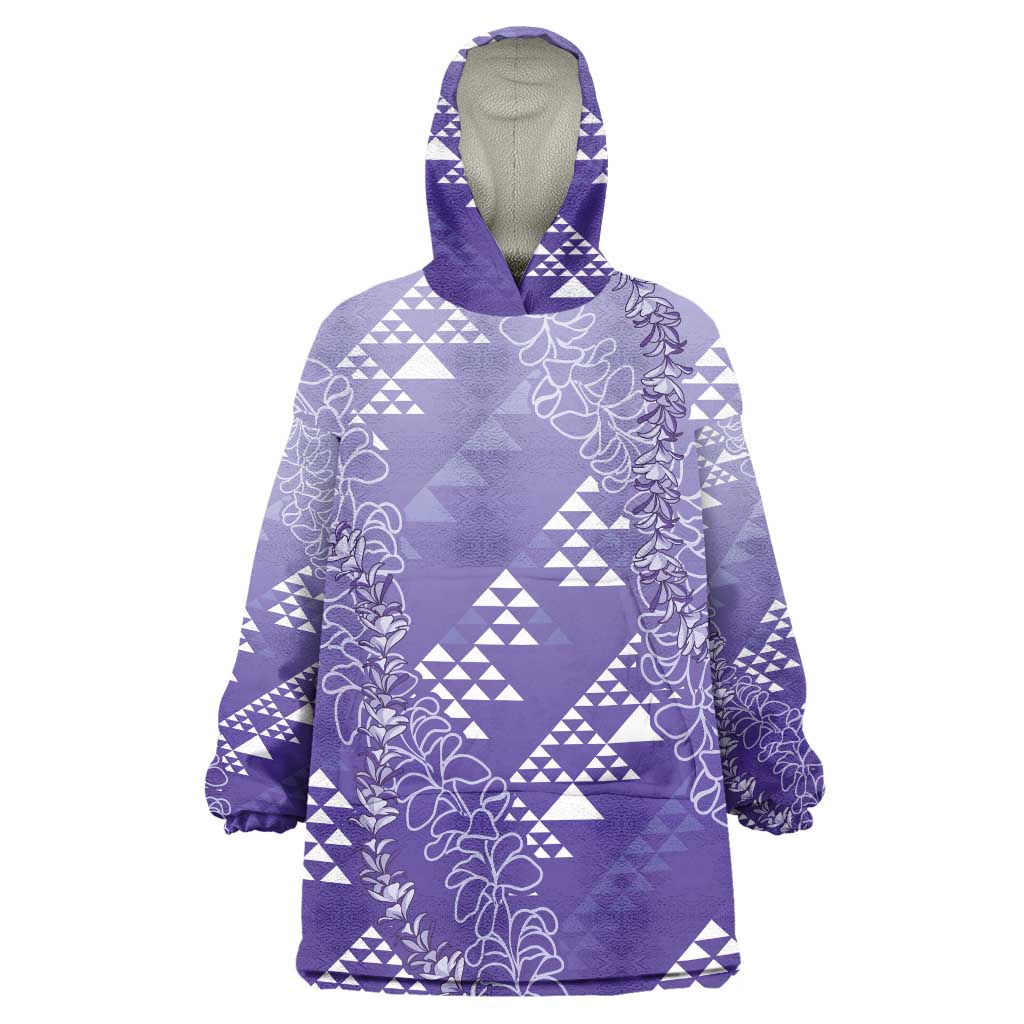 Hawaii Lavender Kapa Wearable Blanket Hoodie Vintage 'Ohe Kāpala Motifs Mix Plumeria Leis LT7 One Size Lavender - Polynesian Pride