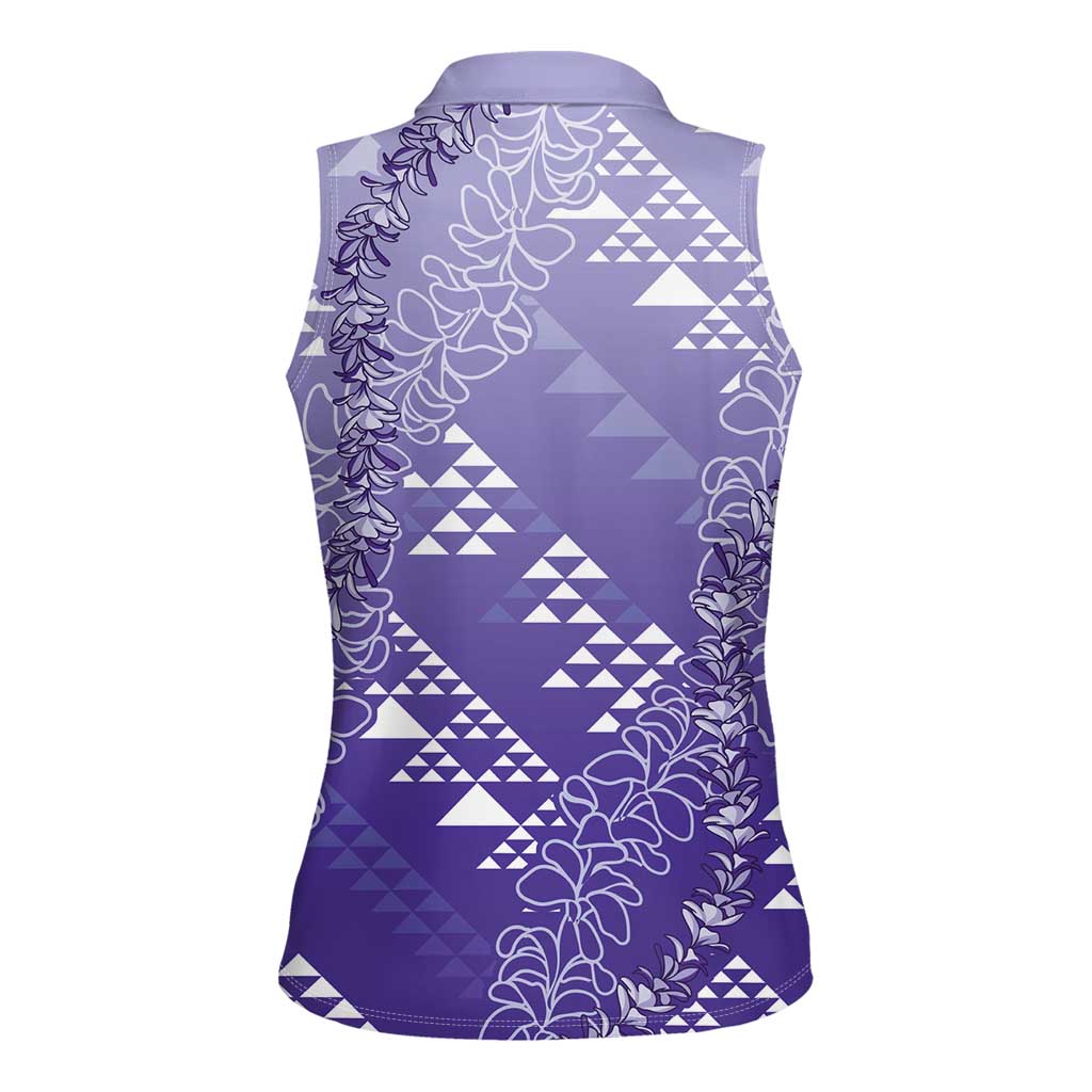 Hawaii Lavender Kapa Women Sleeveless Polo Shirt Vintage 'Ohe Kāpala Motifs Mix Plumeria Leis