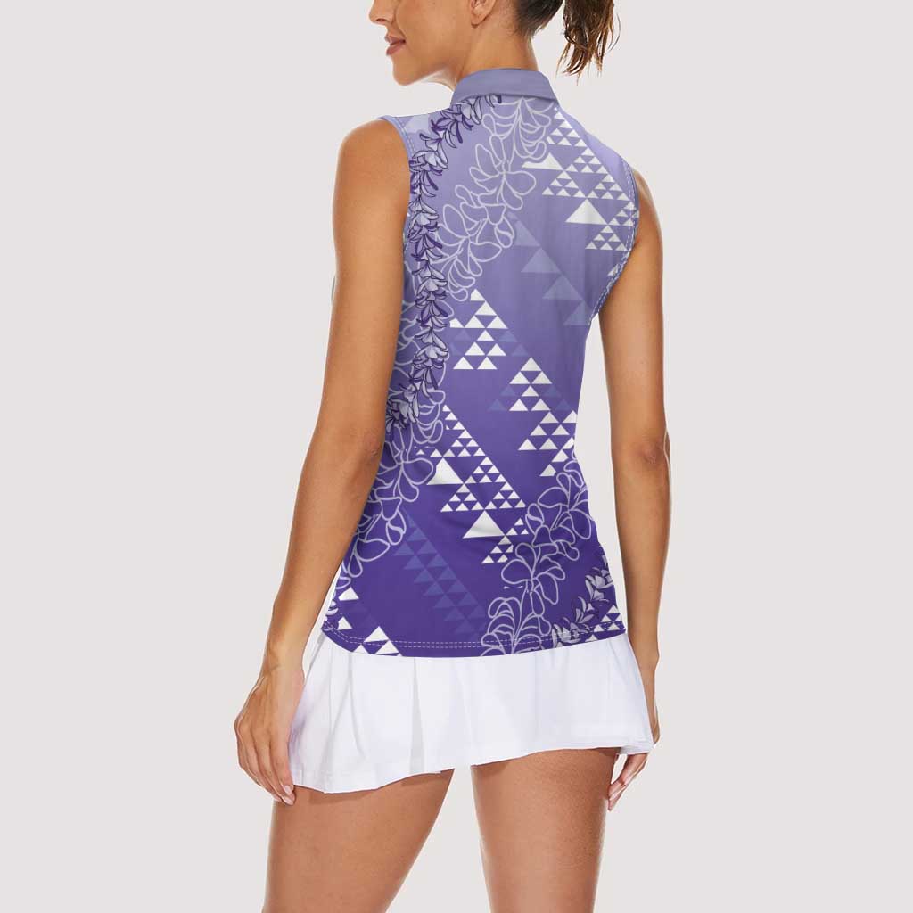 Hawaii Lavender Kapa Women Sleeveless Polo Shirt Vintage 'Ohe Kāpala Motifs Mix Plumeria Leis