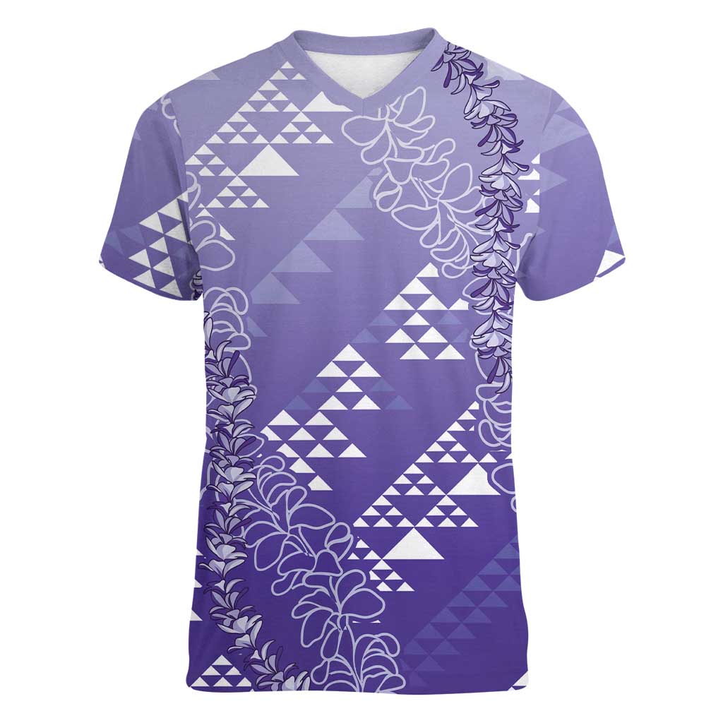 Hawaii Lavender Kapa Women V-Neck T-Shirt Vintage 'Ohe Kāpala Motifs Mix Plumeria Leis