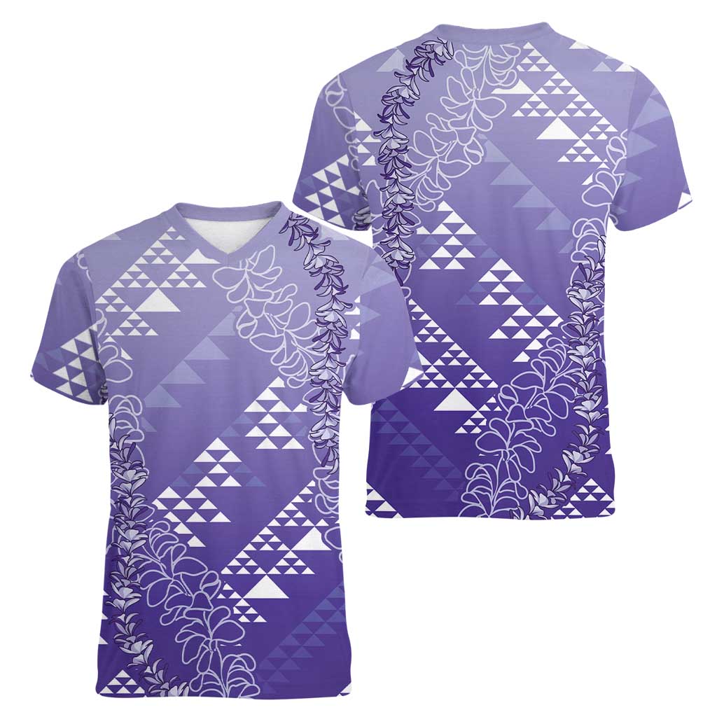 Hawaii Lavender Kapa Women V-Neck T-Shirt Vintage 'Ohe Kāpala Motifs Mix Plumeria Leis