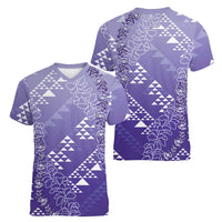 Hawaii Lavender Kapa Women V-Neck T-Shirt Vintage 'Ohe Kāpala Motifs Mix Plumeria Leis