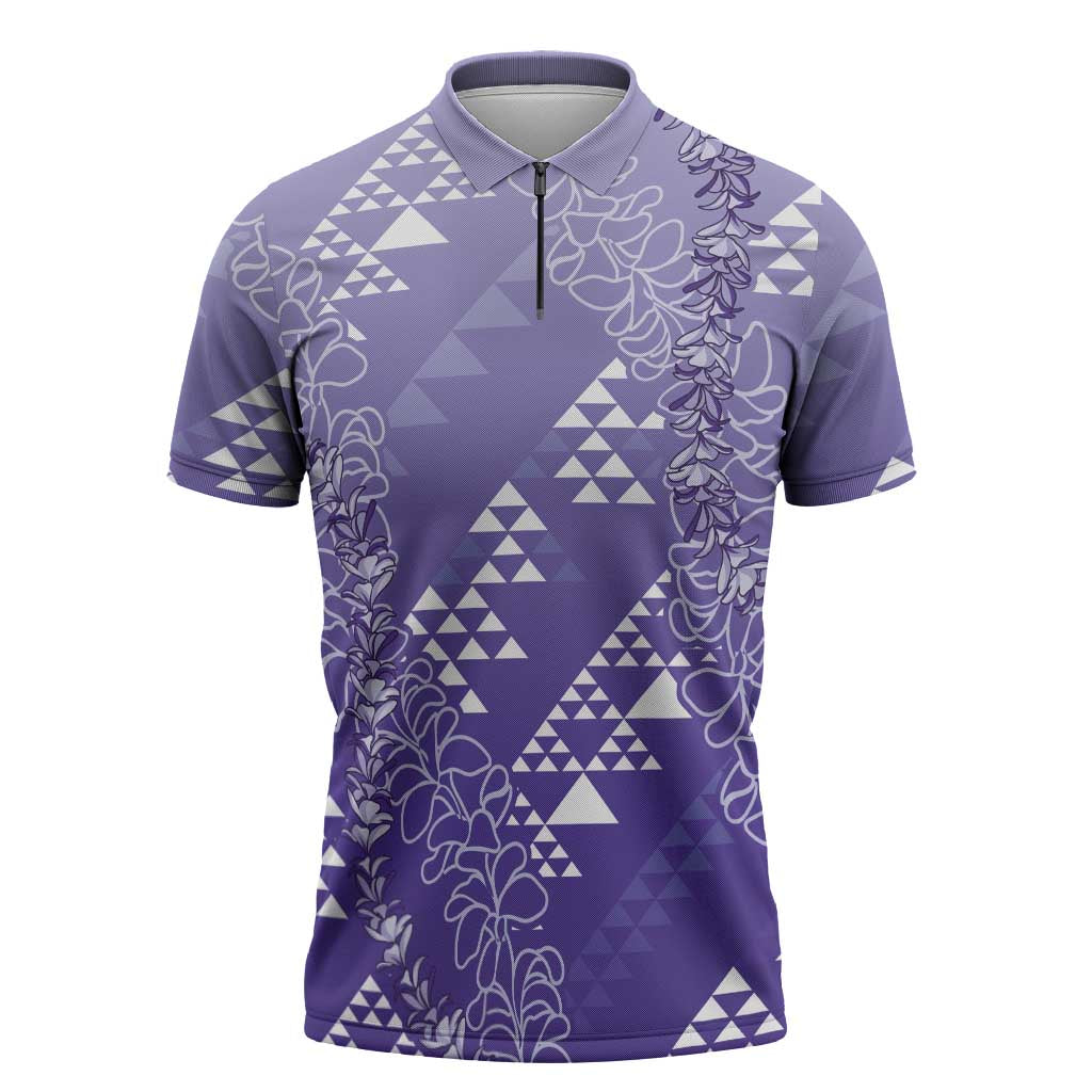 Hawaii Lavender Kapa Zipper Polo Shirt Vintage 'Ohe Kāpala Motifs Mix Plumeria Leis LT7 Lavender - Polynesian Pride