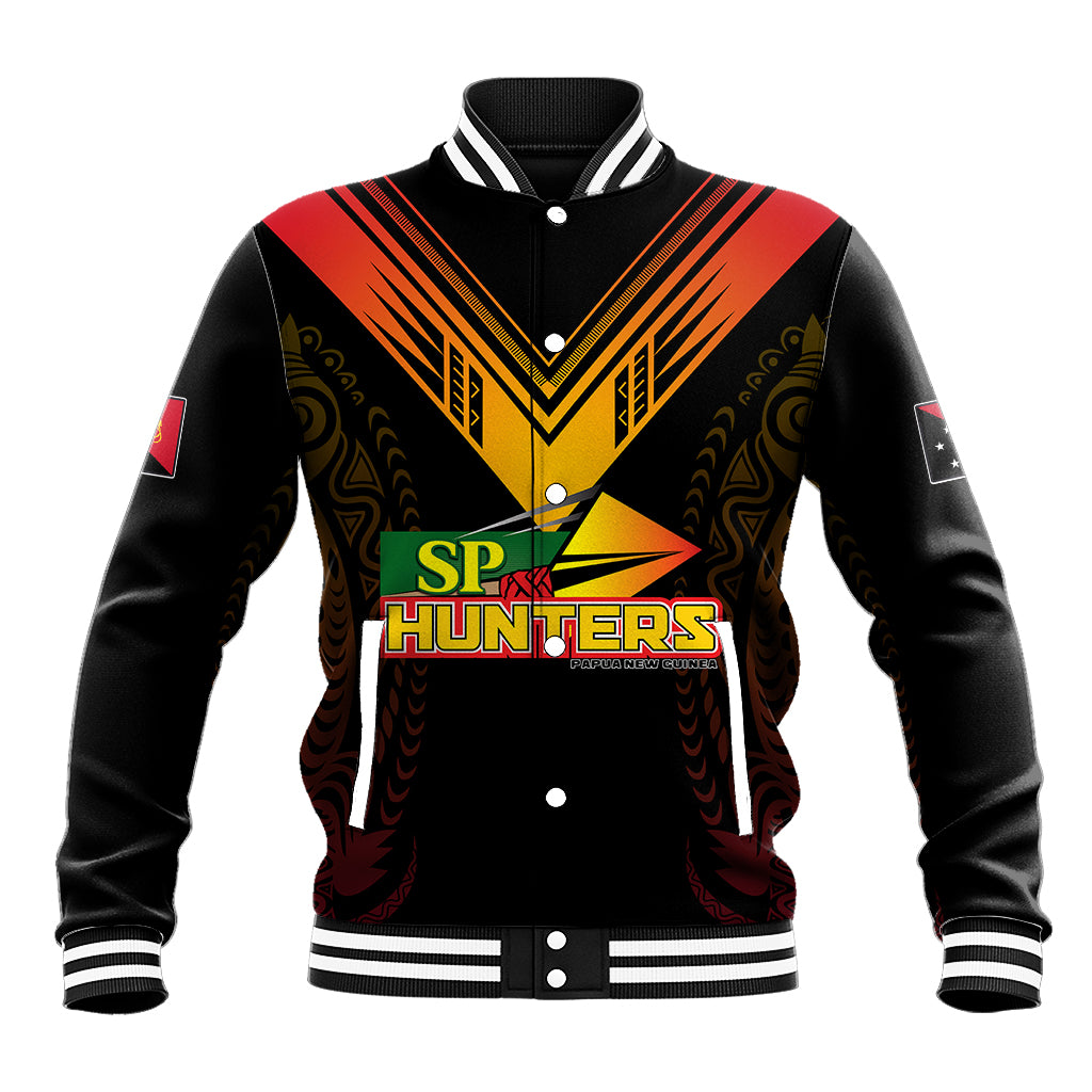 Personalised PNG Hunters Rugby Baseball Jacket Motuan Style LT7 Unisex Black - Polynesian Pride