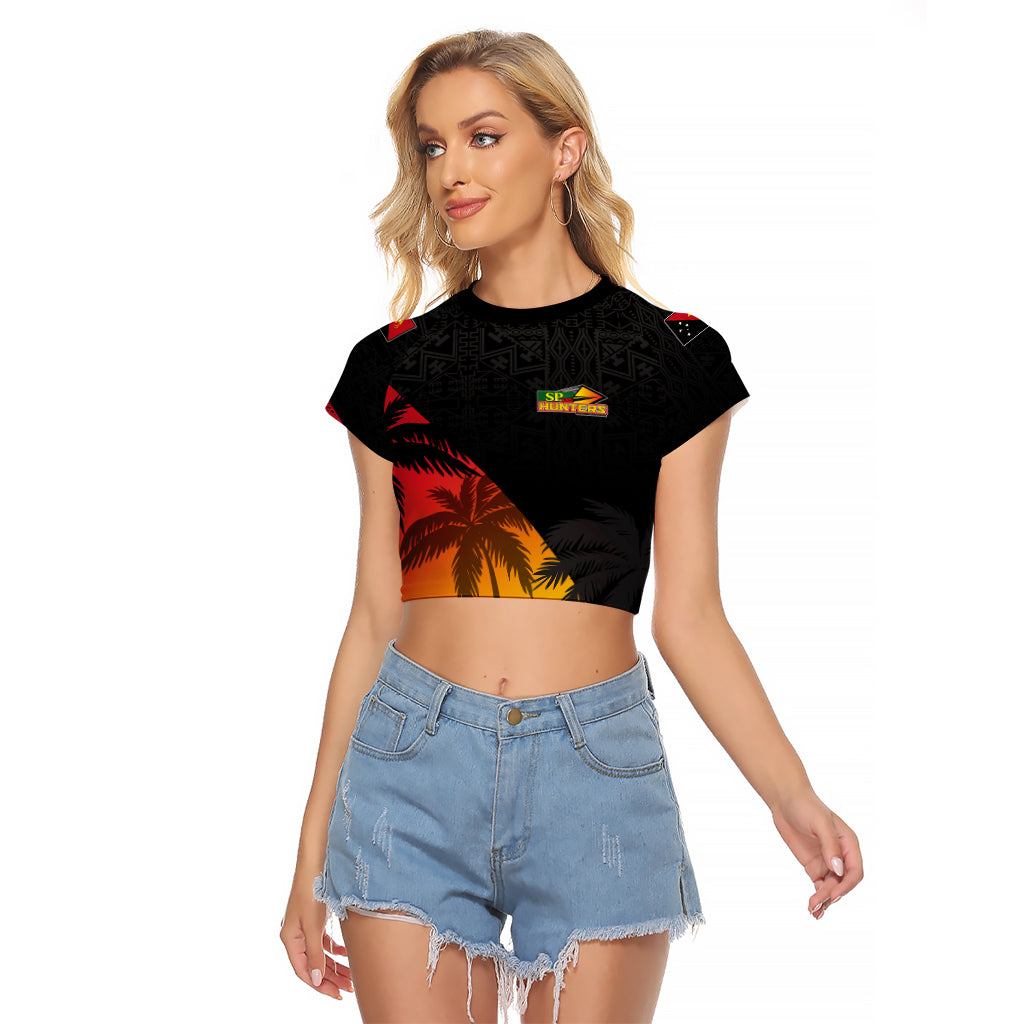 Personalised PNG Hunters Rugby Raglan Cropped T Shirt Palm Trees Simple LT7 Female Black - Polynesian Pride