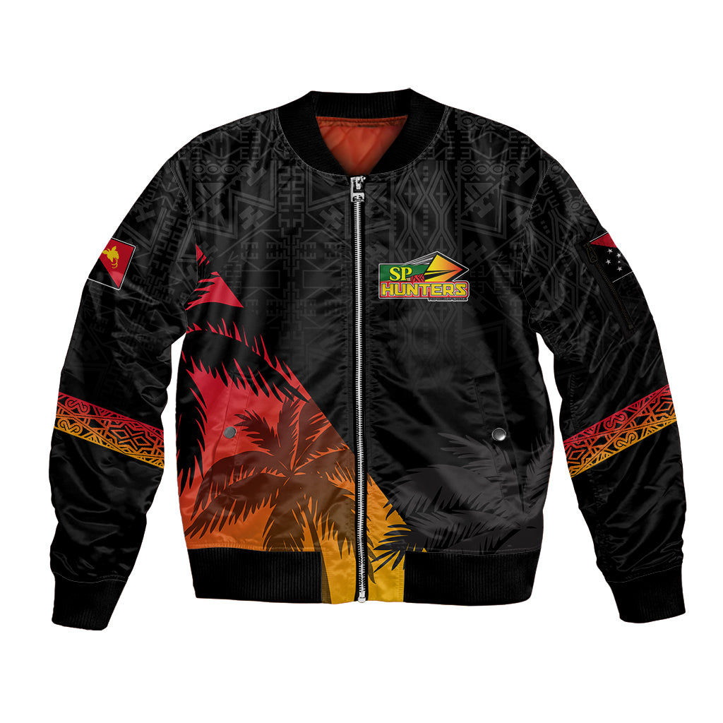 Personalised PNG Hunters Rugby Sleeve Zip Bomber Jacket Palm Trees Simple LT7 Unisex Black - Polynesian Pride