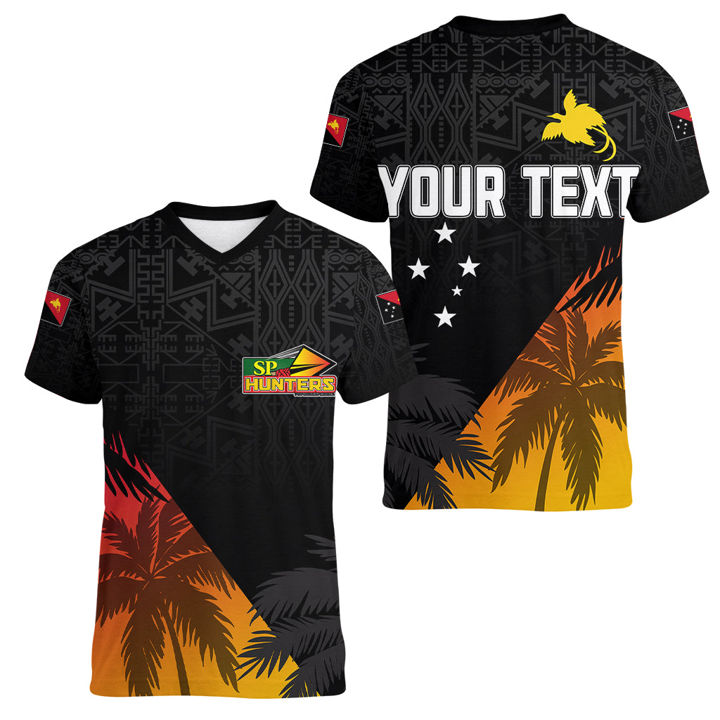 Personalised PNG Hunters Rugby Women V Neck T Shirt Palm Trees Simple LT7 - Polynesian Pride