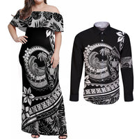 Polynesian Plumeria Couples Matching Off Shoulder Maxi Dress and Long Sleeve Button Shirts Ride The Waves - Black LT7 Black - Polynesian Pride