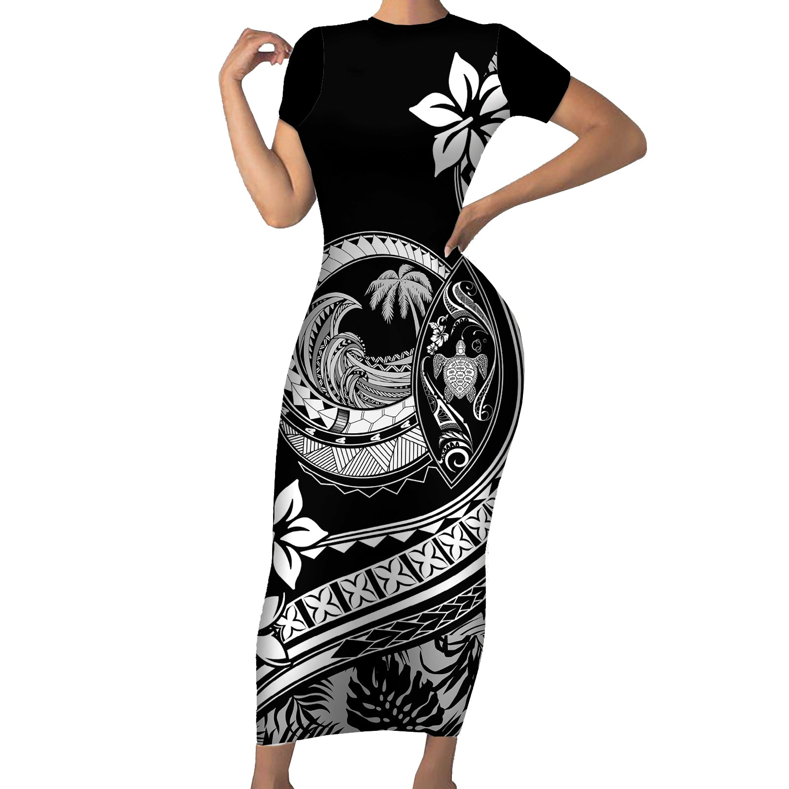 Polynesian Plumeria Short Sleeve Bodycon Dress Ride The Waves - Black LT7 Long Dress Black - Polynesian Pride