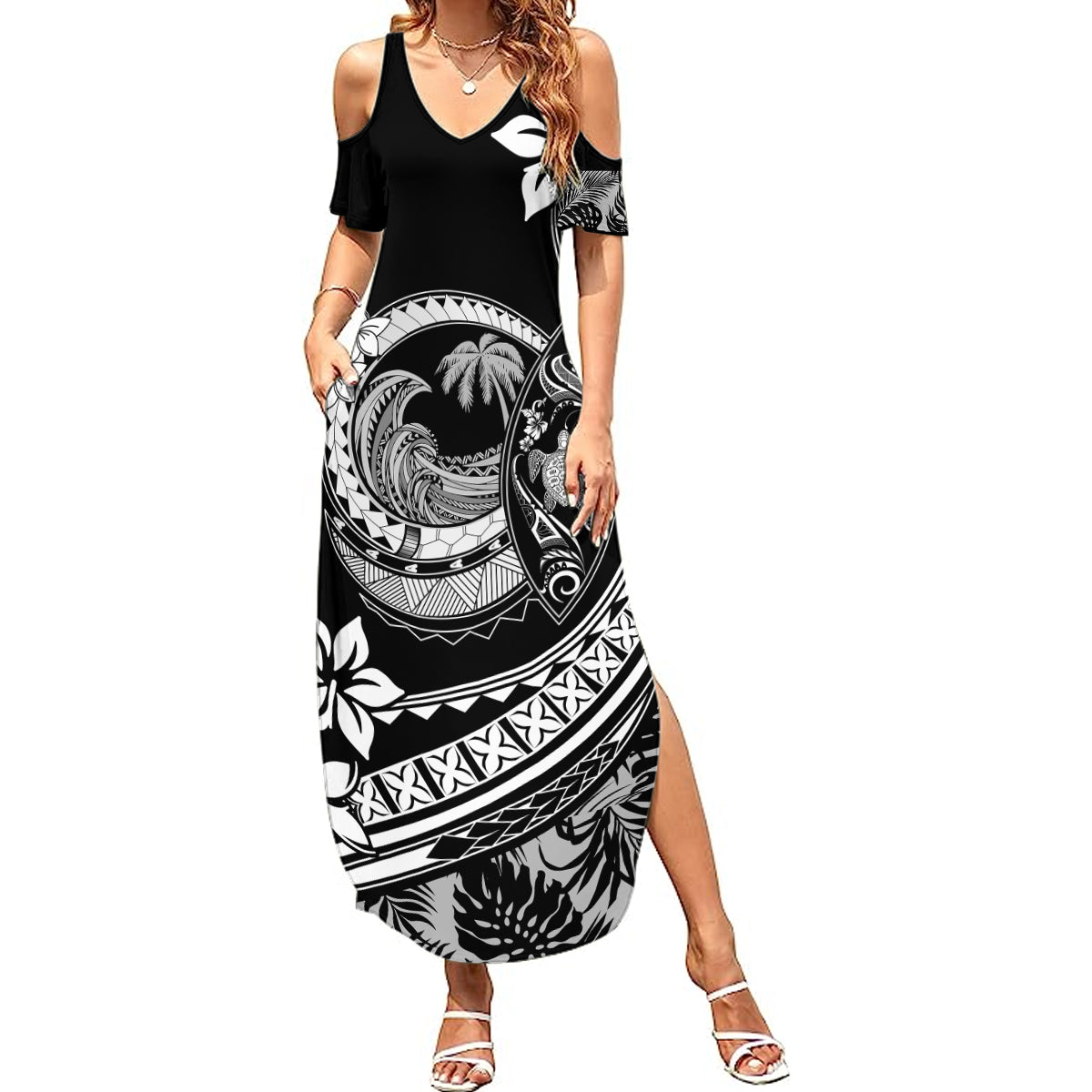 Polynesian Plumeria Summer Maxi Dress Ride The Waves - Black LT7 Women Black - Polynesian Pride