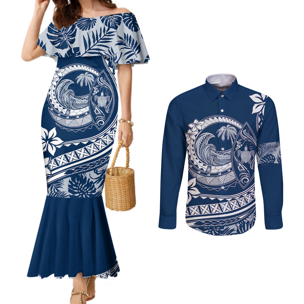 Polynesian Plumeria Couples Matching Mermaid Dress and Long Sleeve Button Shirts Ride The Waves - Navy Blue LT7 Navy Blue - Polynesian Pride